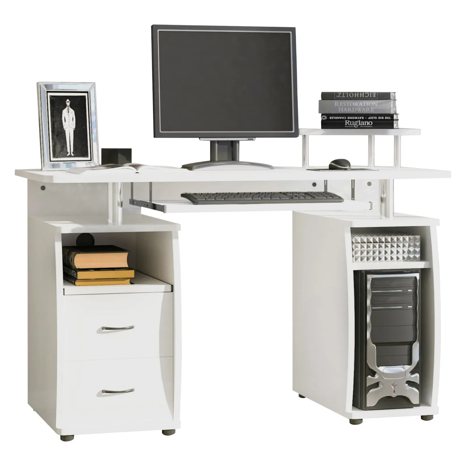 HOMCOM Computer Office Desk Table Workstation w/ Keyboard Tray, Drawer in White 2