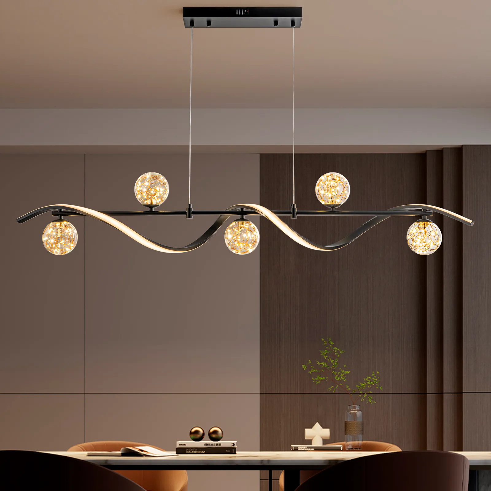 LED Linear Kitchen Island Light – 6-Light Dimmable Black Fixture with Glass Globe Shades