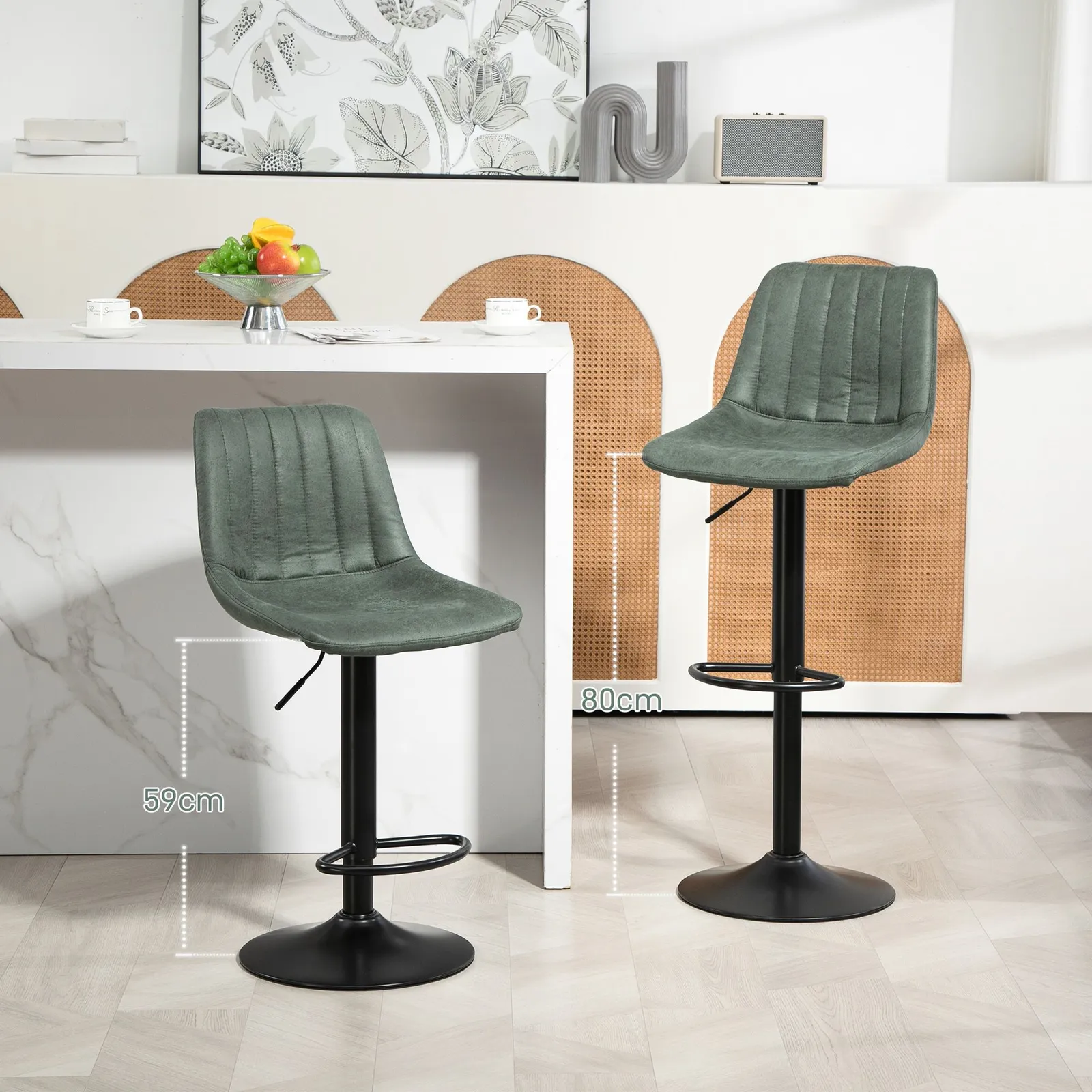 HOMCOM Adjustable Bar Stools Set of 2 Counter Height Barstools Dining Chairs 360° Swivel with Footrest for Home Pub in Green 4