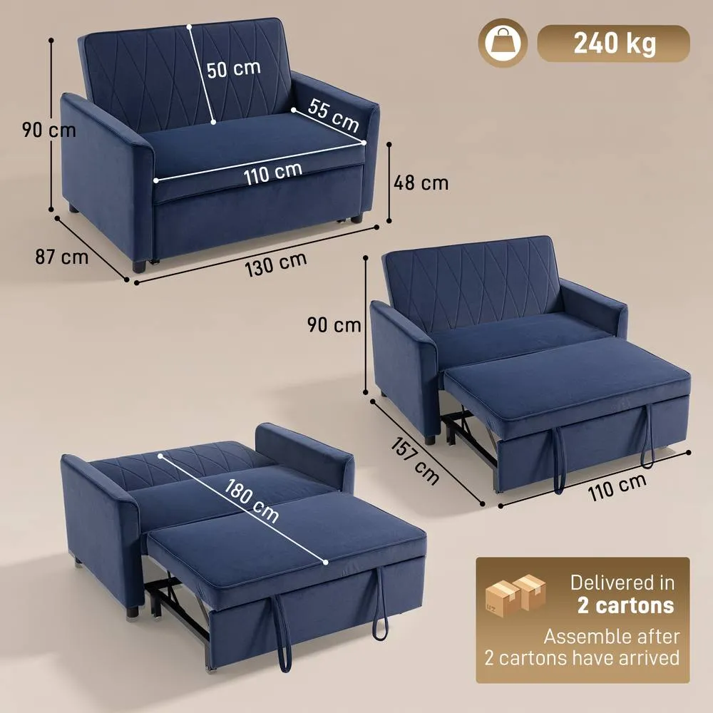 HOMCOM 2 Seater Sofa Bed, 3-in-1 Velvet Pull Out Sleeper Sofa, Dark Blue 3