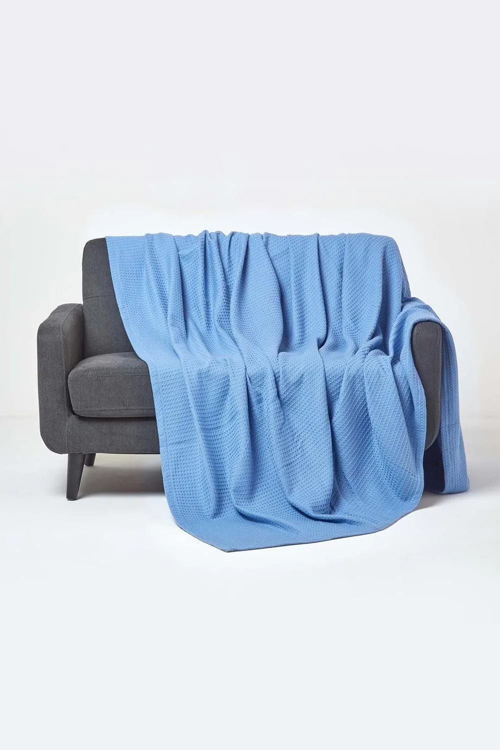 Homescapes Cotton Waffle Blanket Throw - Soft, Breathable & Skin-Friendly in Blue