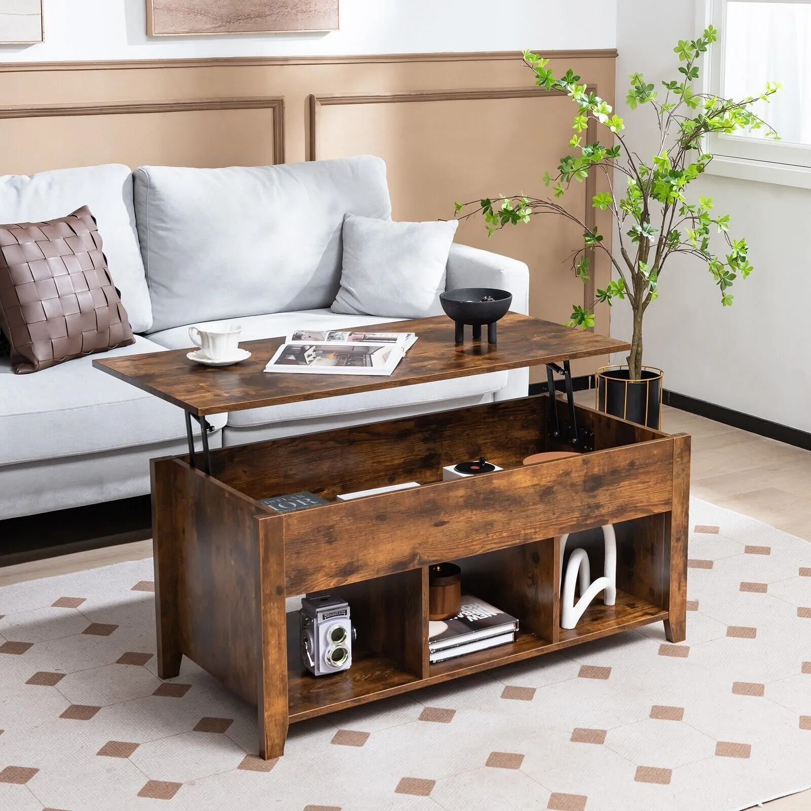 Costway Lift Top Coffee Table Modern Wooden Lift Top Dining Cocktail Table Living Room in Brown 3