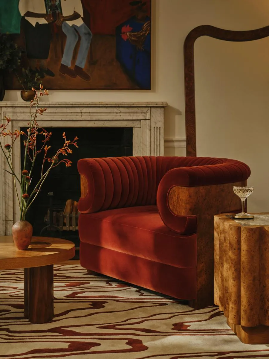 Caleb Armchair, Dark Burl, Velvet, Rust