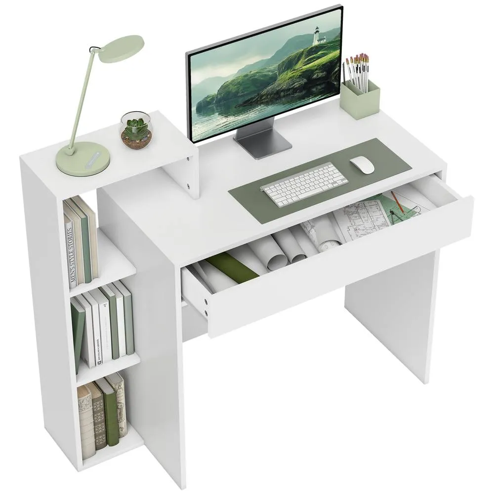 HOMCOM Computer Desk with 3 Open Shelves & Drawer, White 2