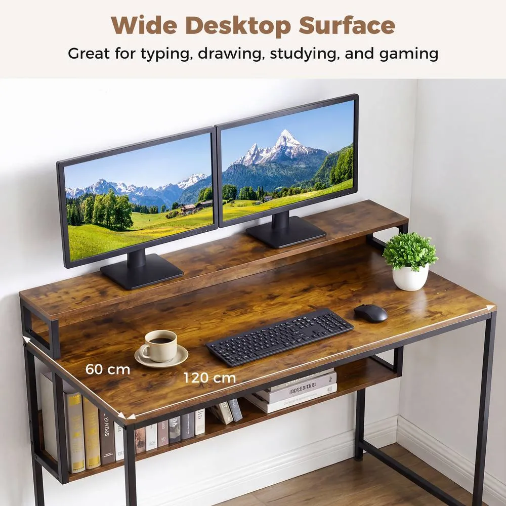 Costway 120 CM Office Desk with Monitor Stand Computer Desk with Storage Shelf in Brown 5