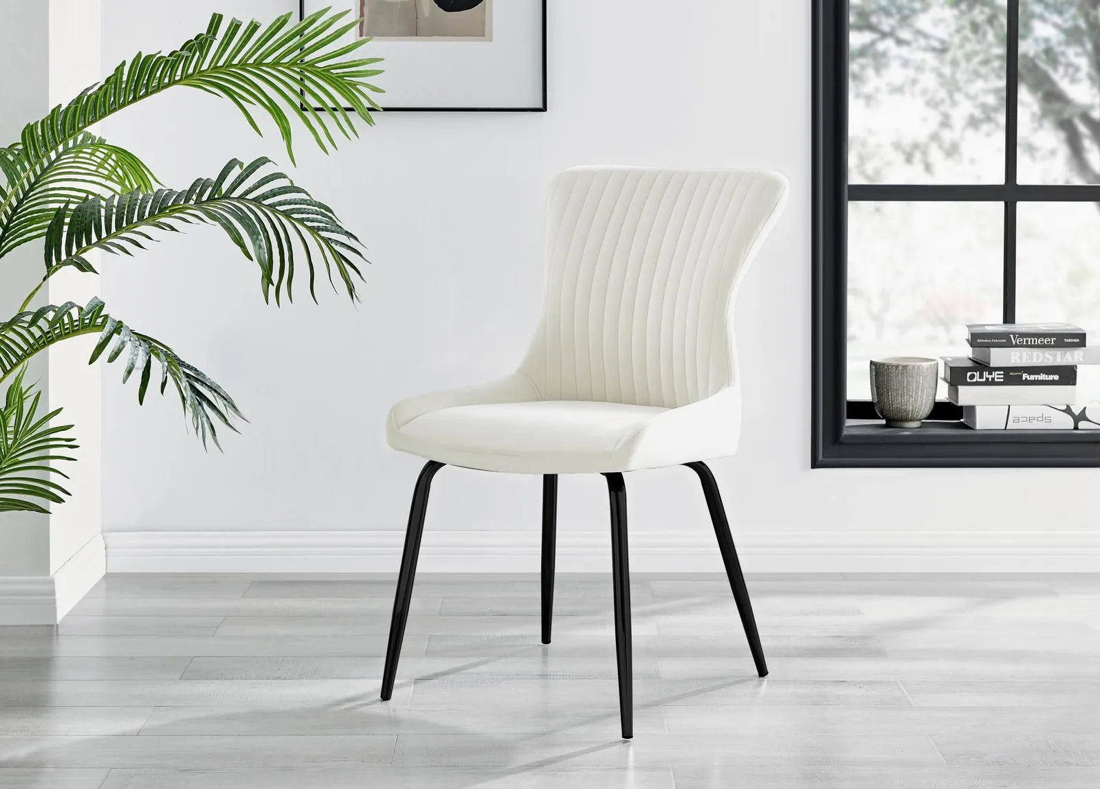 FurnitureboxUK Set of 2 Nora Deep Padded Luxurious Dining Chairs Upholstered In Soft Velvet With Black Legs in Cream 2