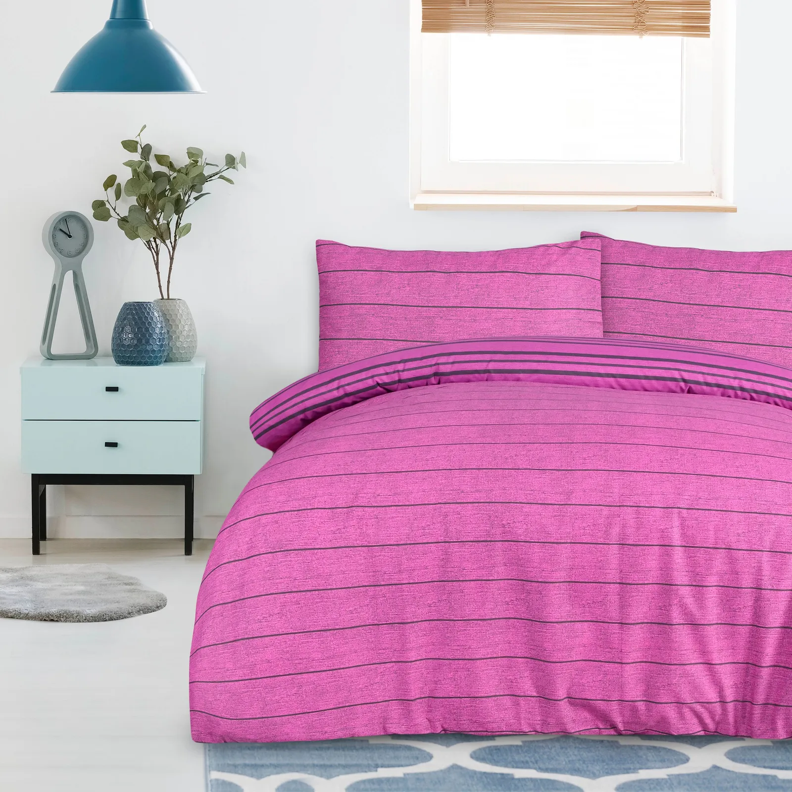 Smart Living Printed Reversible Polycotton Textured Stripe Duvet Cover With Pillowcases in Purple 2