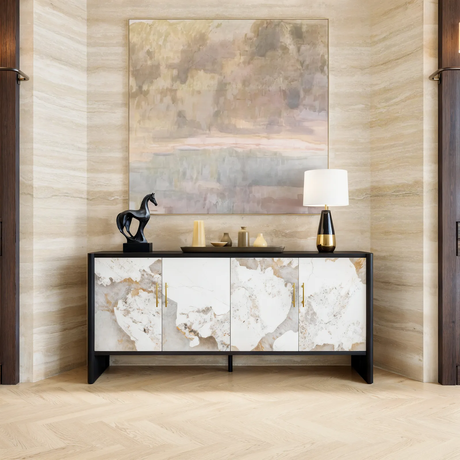 Modern 180 cm Sintered Stone Sideboard with Oak Wood Frame & Adjustable Shelves