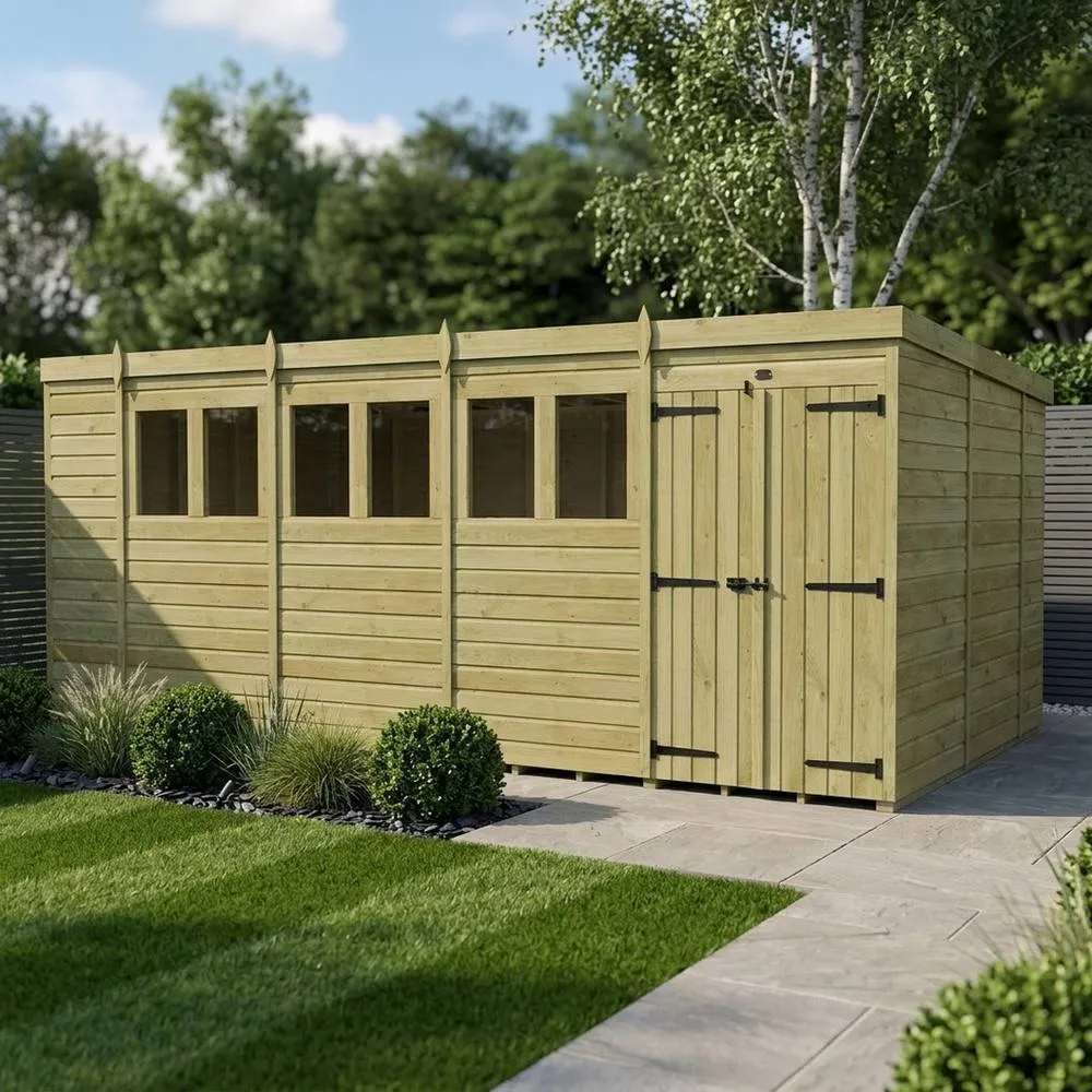 Buttercup Farm 18ft x 10ft Pent Garden Shed Double Door With Windows - Timber in Brown 2
