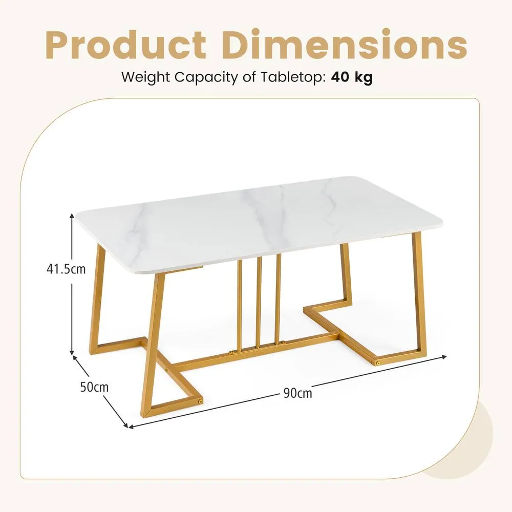 Costway Coffee Table 90 cm Faux Marble Rectangular Center Table White & Gold 2
