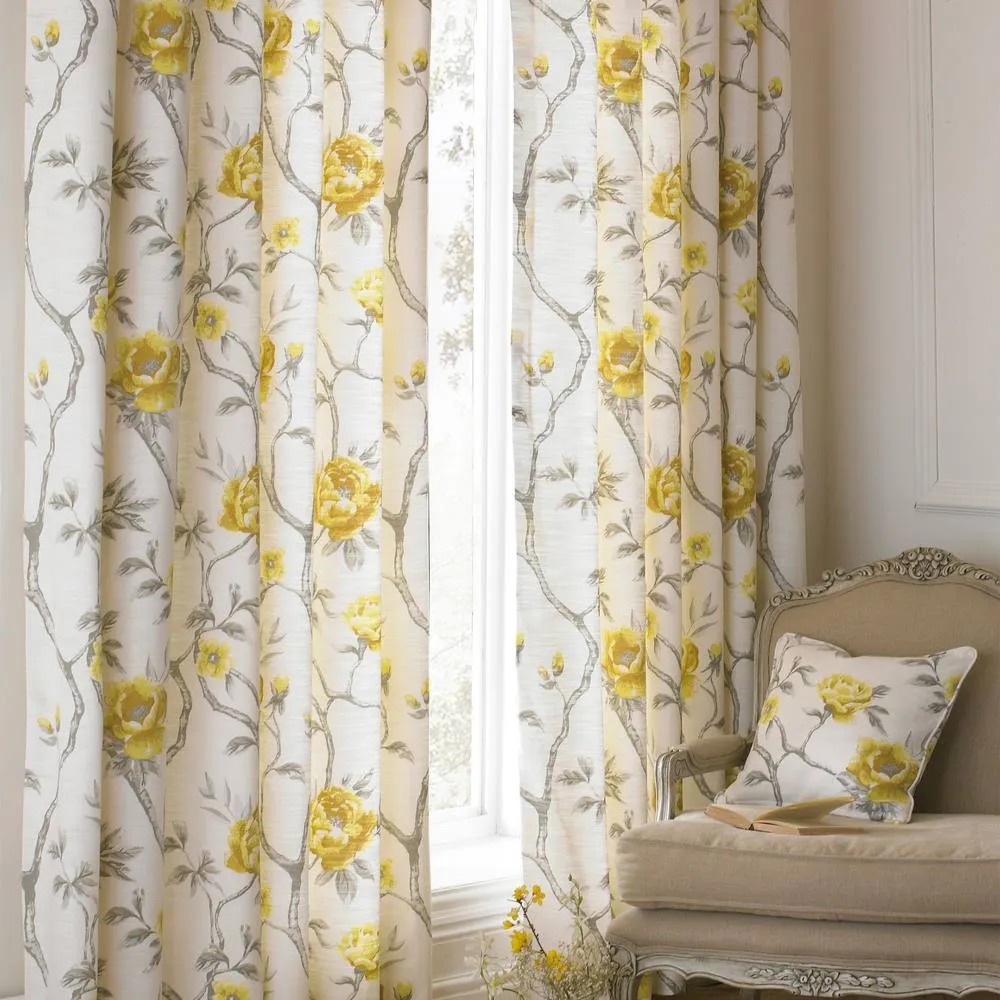 Paoletti Rosemoor Fully Lined Floral Eyelet Curtain Pair in Yellow