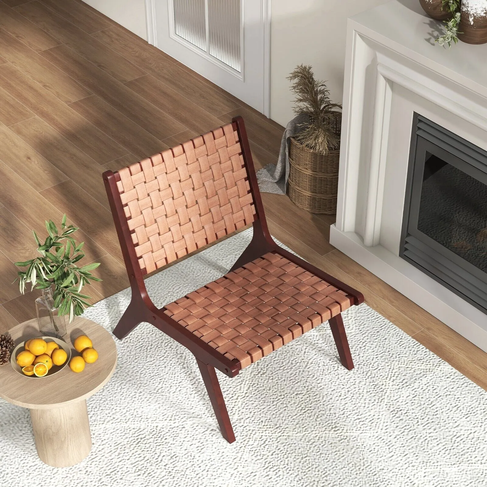 Costway Set of 2 Modern Woven Leather Accent Chair Living Room Lounge Chair W/ Wood Frame in Brown 5