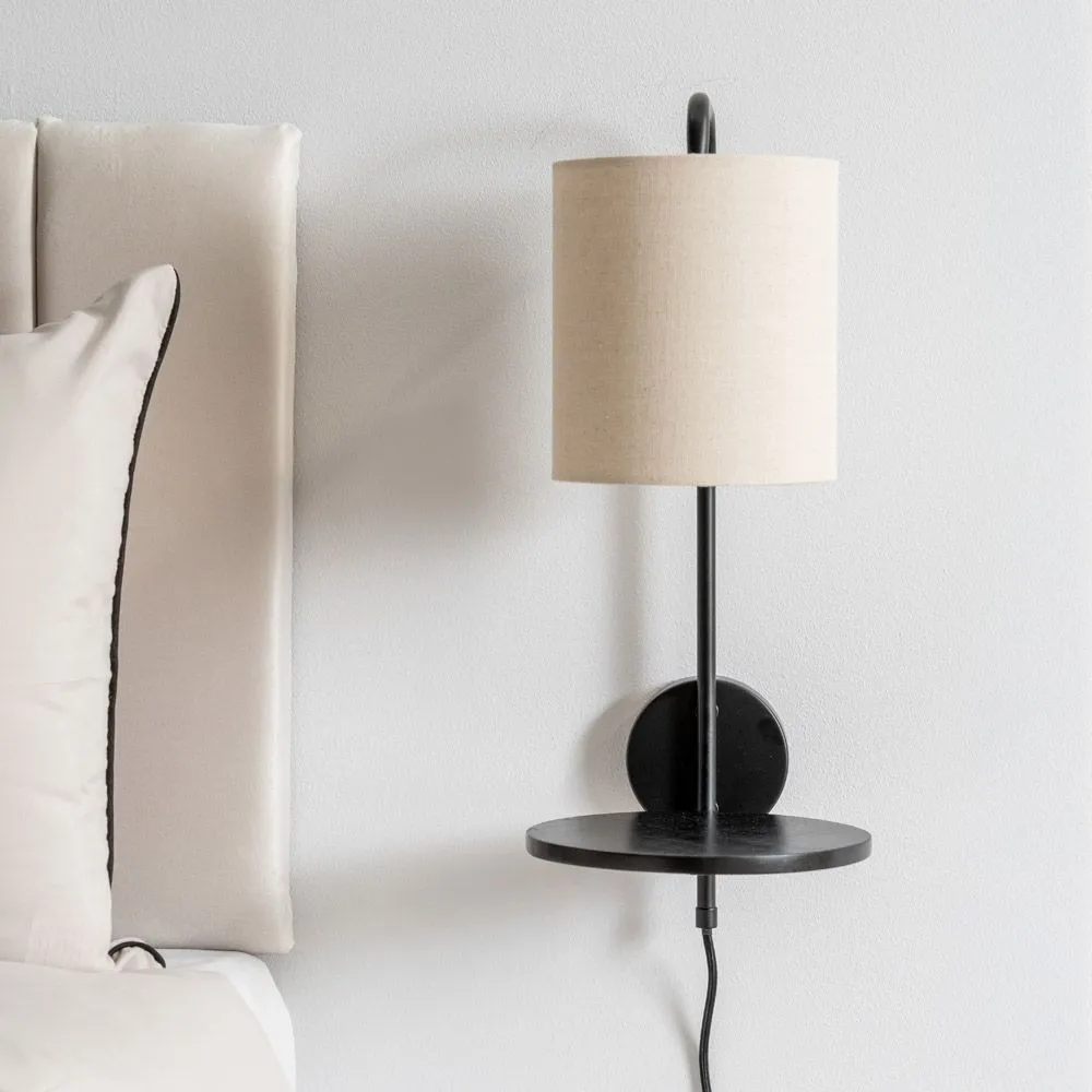 ValueLights Ryan Natural Linen Lamp Shade Black Metal Wall with Black Wood Shelf 3
