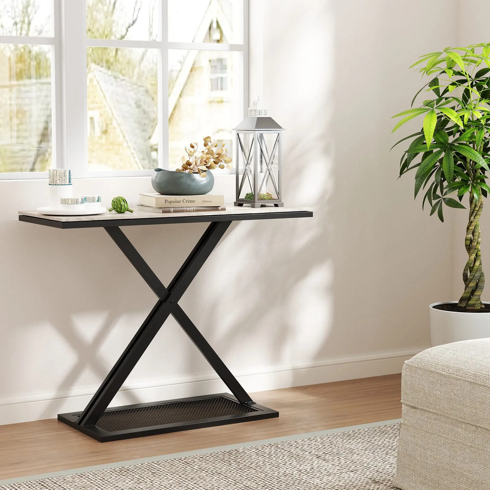 Costway Faux Marble Top Console Table Metal Frame Entryway Table in White 3