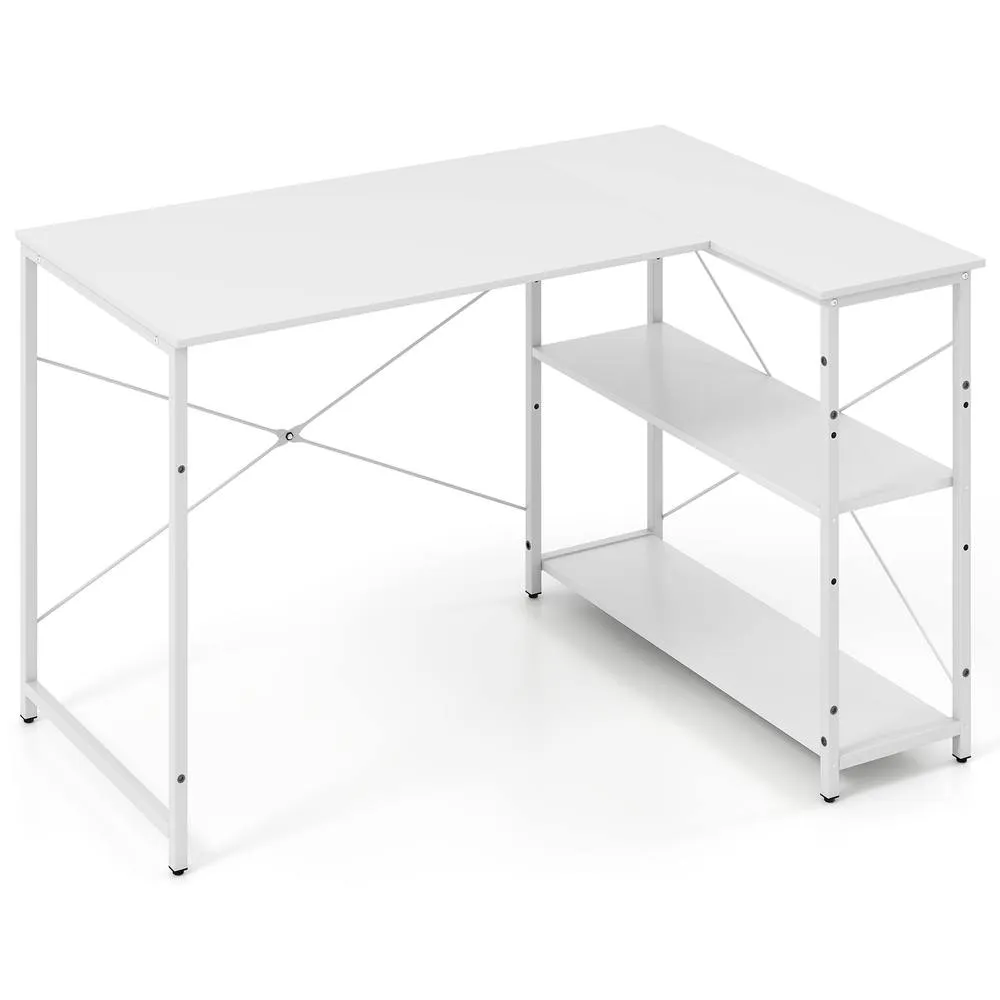 Costway L-shaped Computer Desk Reversible Corner Desk w/Adjustable Shelf-White in White 5