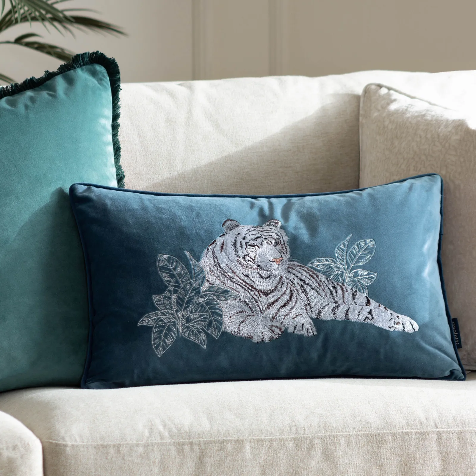 Paoletti Odisha White Tiger Embroidered Velvet Cushion in Blue