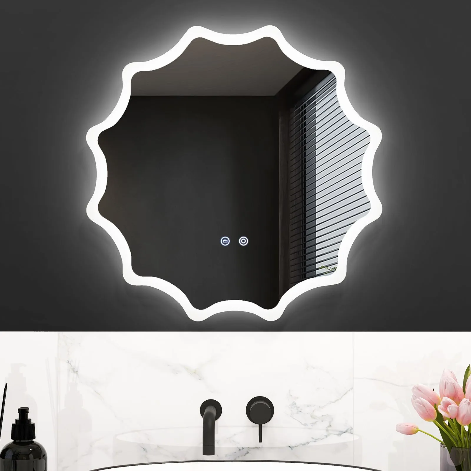 Costway 60cm Round Anti-fog 3-Color LED Lights Bathroom Mirror Waved Edge Wall Mirror in Silver