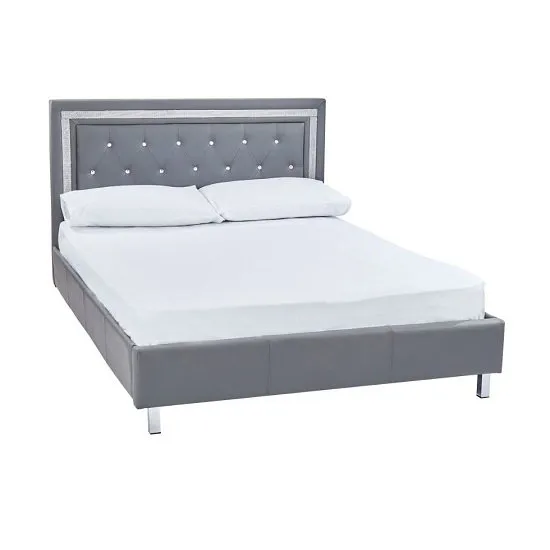 Branson Double Bed In Grey Faux Leather With Diamante