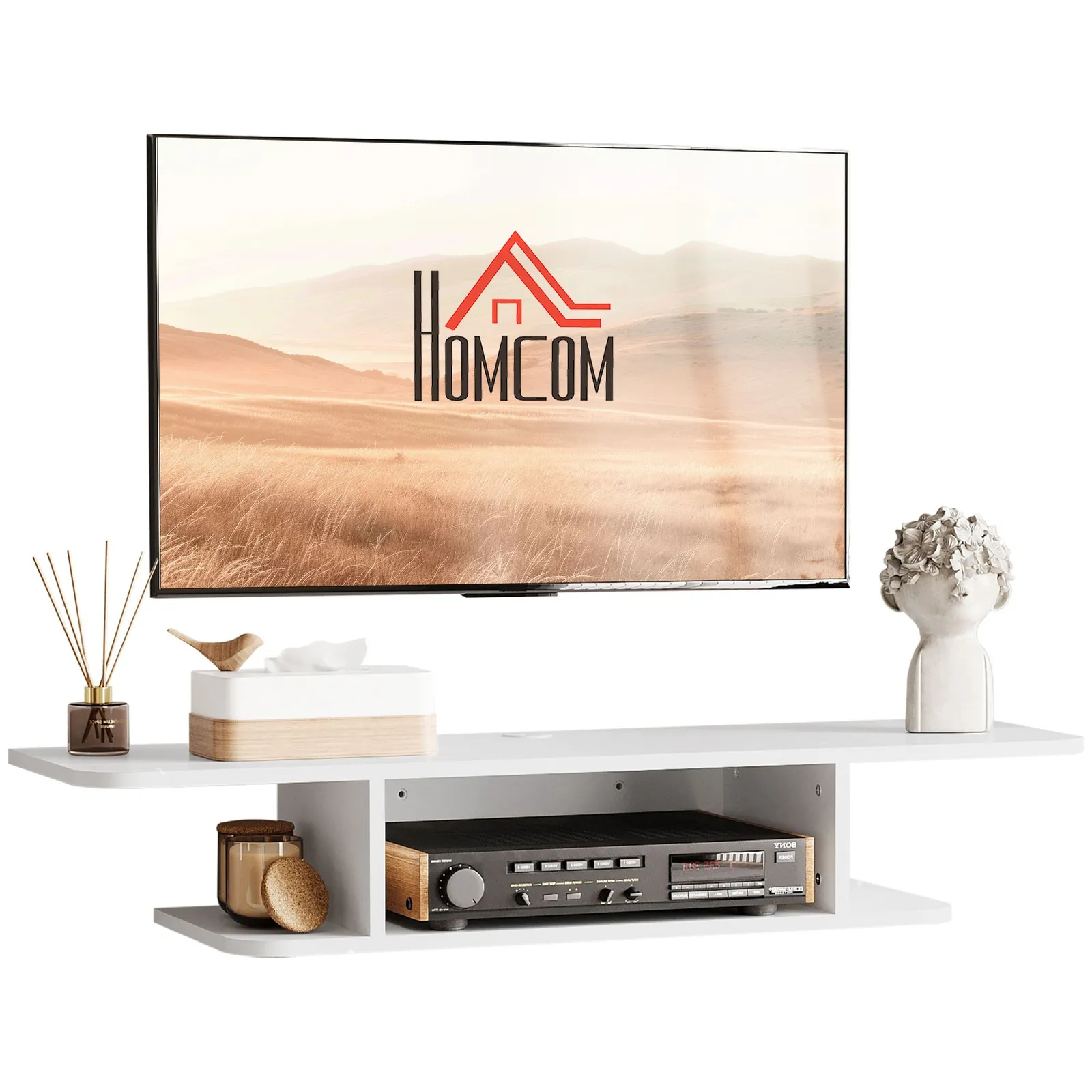 HOMCOM TV Unit Stand Wall Mount Media Console with Storage Shelf in White 2