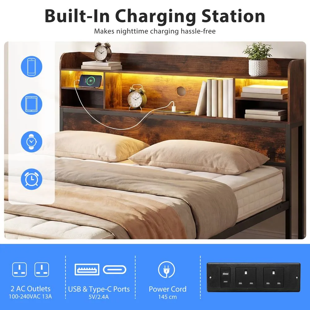 Costway King Size Bed Frame w/LED Lights&Charging Station Metal Platform Bed in Brown 6