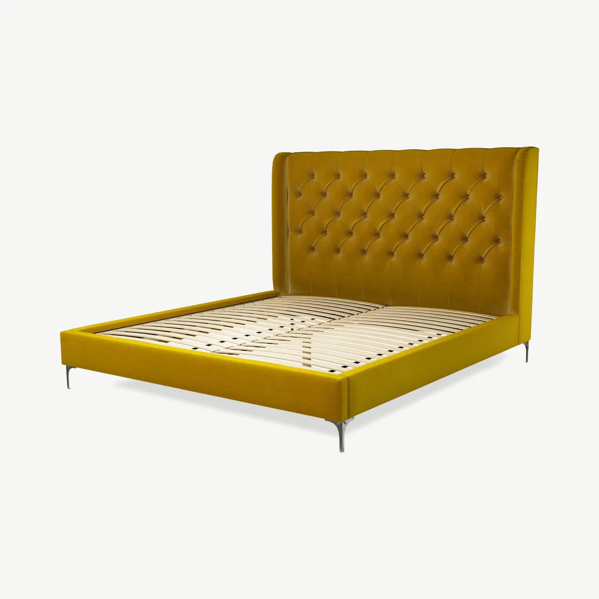 Romare Super King Size Bed, Saffron Yellow Velvet with Nickel Legs