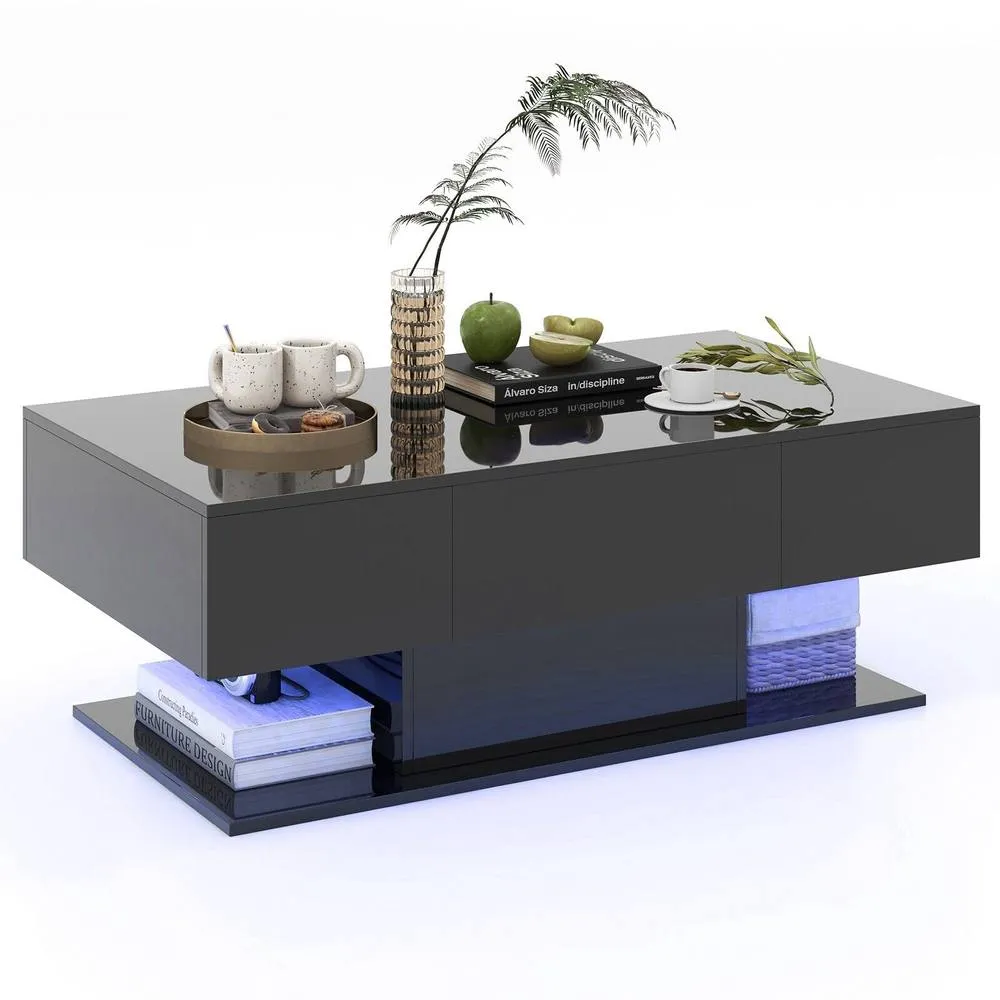 Costway 2-Tier Coffee Table Center Table Cocktail Table w/ LED light in Black