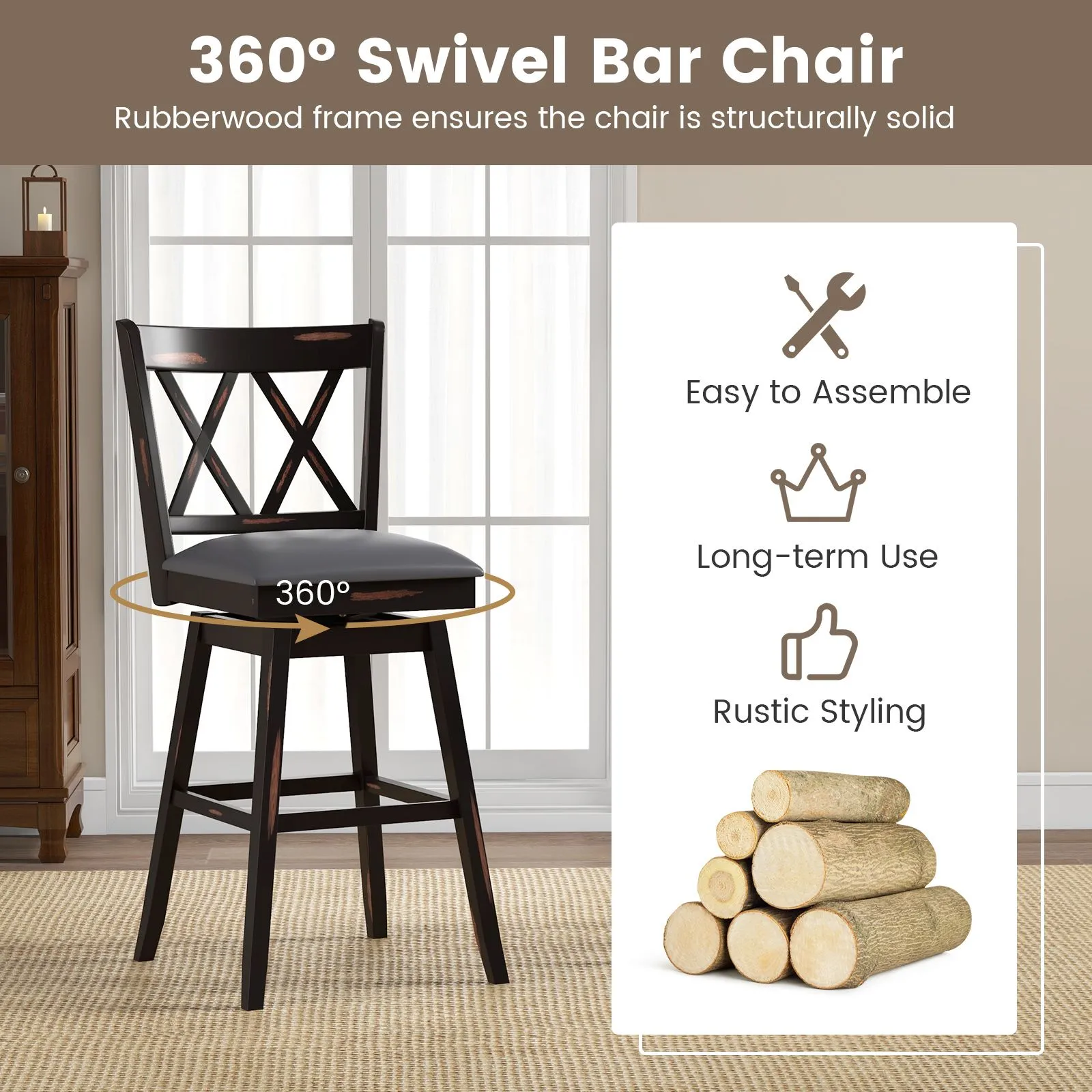 Costway Set of 2 Bar Stools Counter Height Chair Pub 360 °Swiveling Upholstered Seat 29" 6