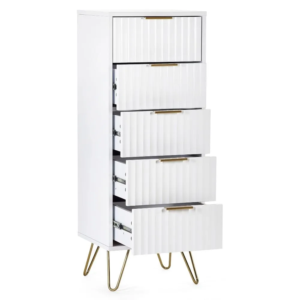 Murano - 5 Drawer Tall Chest - White - Wooden - Happy Beds 1