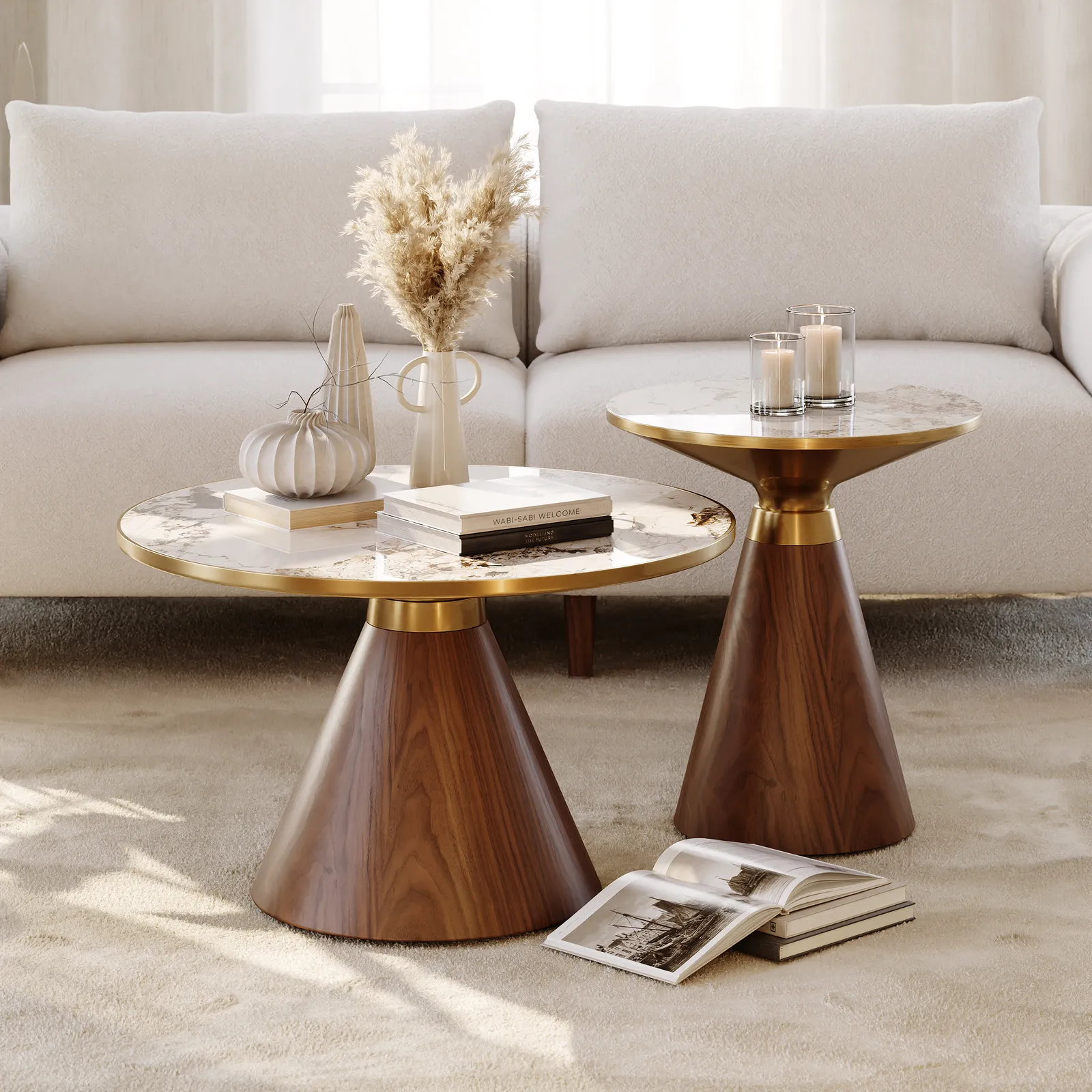 Sintered Stone Round Coffee Table 2 Pieces Set Modern Walnut Living Room Furniture