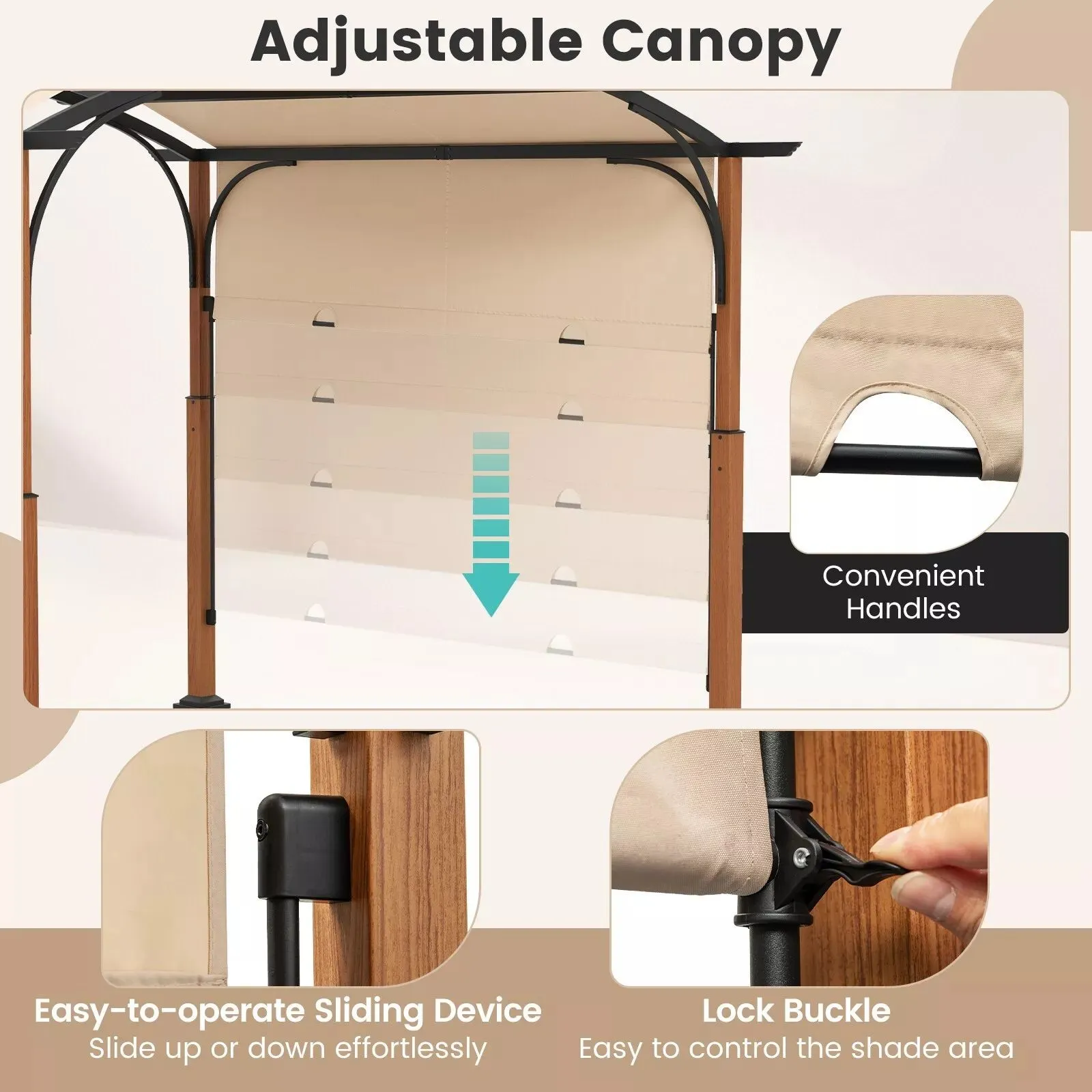 Costway 300x360cm Retractable Pergola Arched Patio Pergola Outdoor Metal Gazebo in Beige 6
