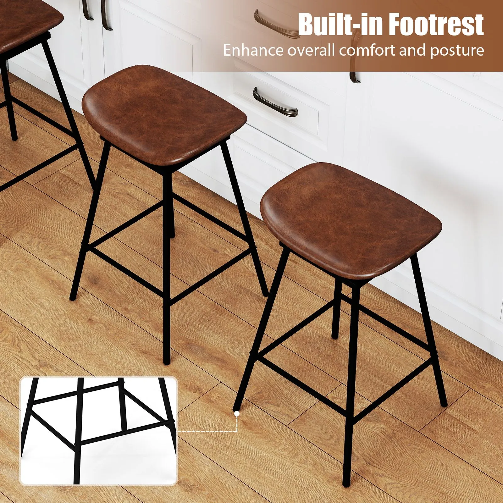 Costway Swivel Barstools Set of 2 Faux Leather Upholstered Backless Bar in Brown 6