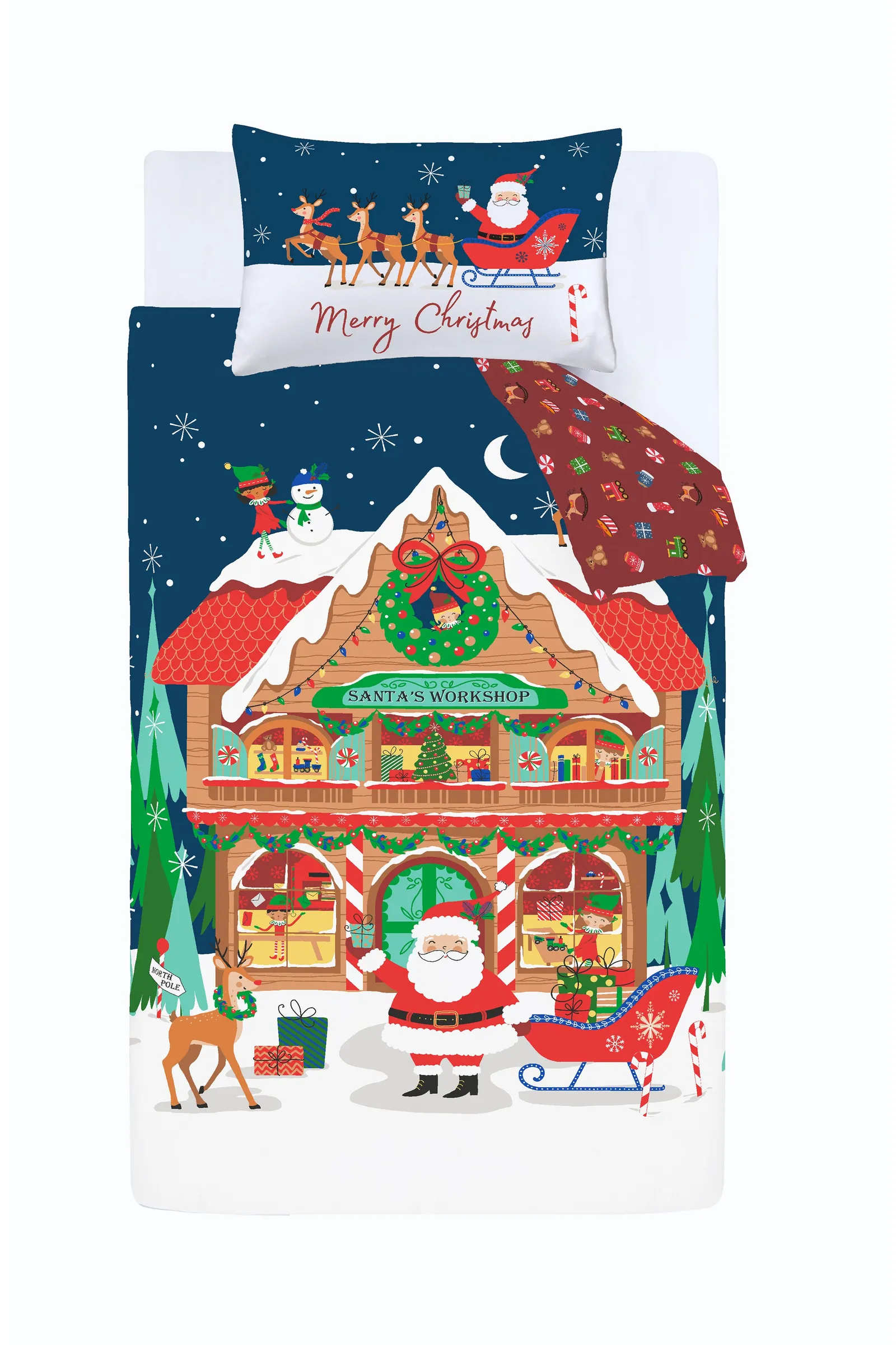Catherine Lansfield 'Christmas Santa's Workshop' Reversible Duvet Cover Set in Navy 5