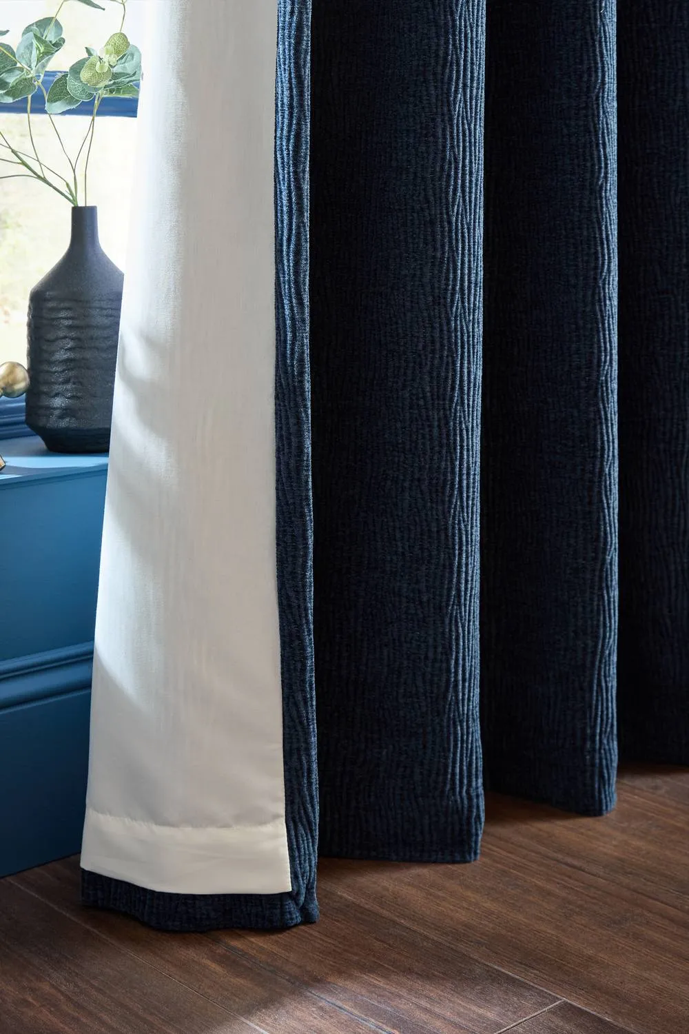 Catherine Lansfield 'Crinkle Chenille' Lined Eyelet Curtains in Blue 4