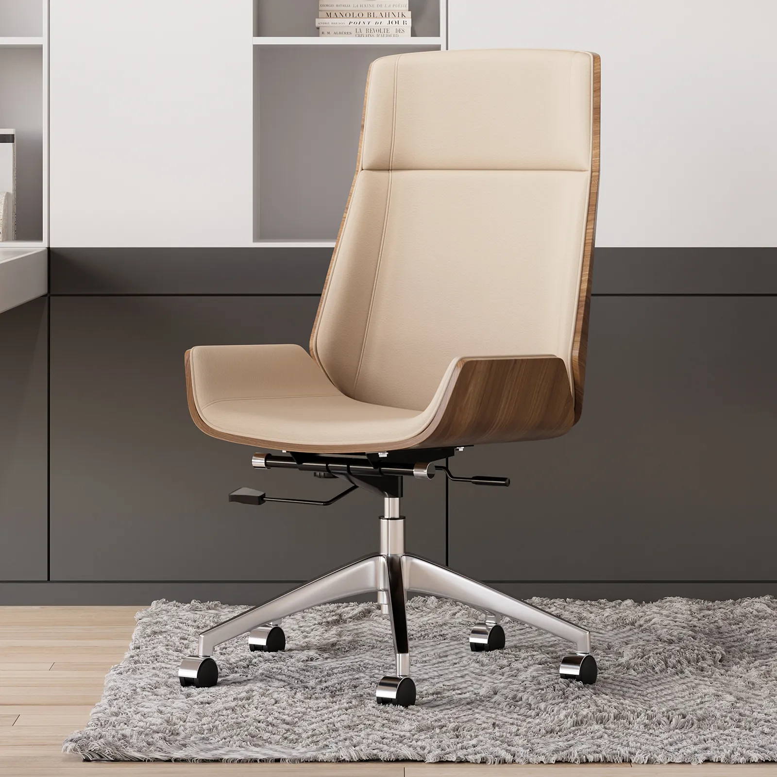 Khaki Faux Leather Office Chair Desk Chair with Wheels & Adjustable Height