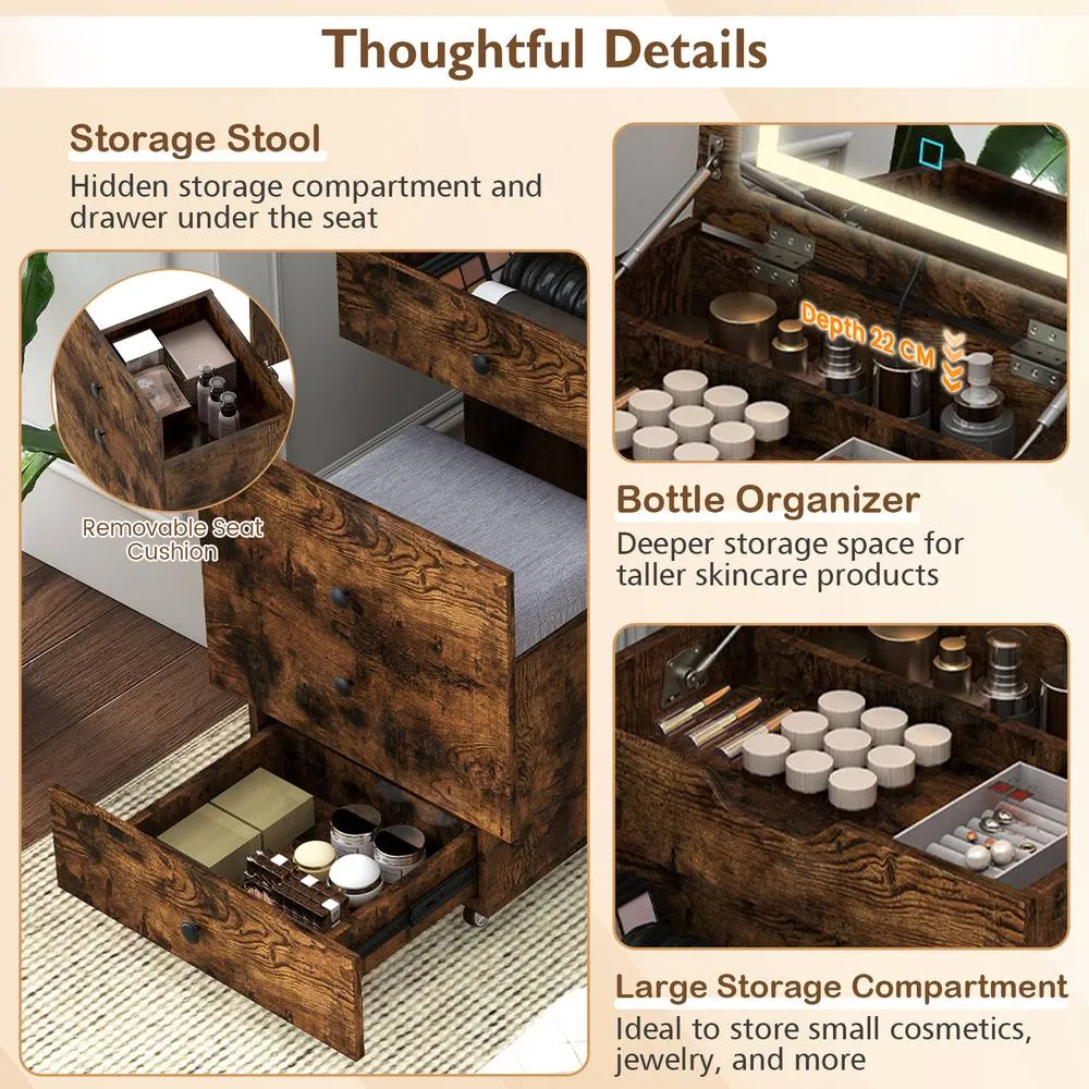 Costway 3-in-1 Vanity Desk Set w/Mirror & Lights Makeup Table w/Drawers &Stool in Brown 2