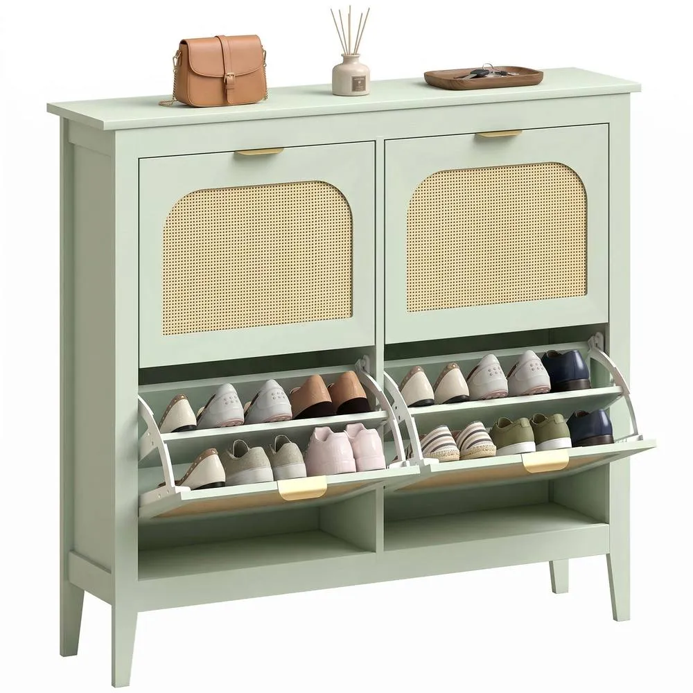 HOMCOM Boho Slim Shoe Cabinet with Rattan Doors, Holds 20 Pairs, Green in Light Green 2