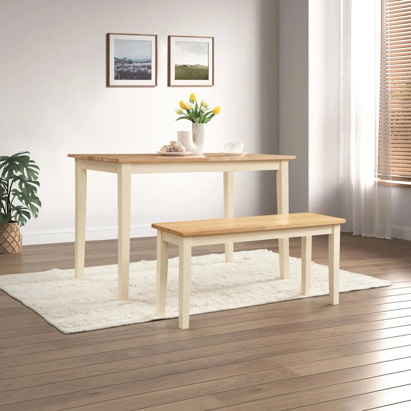 FurnitureboxUK Salcombe Small Rectangular Wooden Table & Tenby Small Bench in Cream