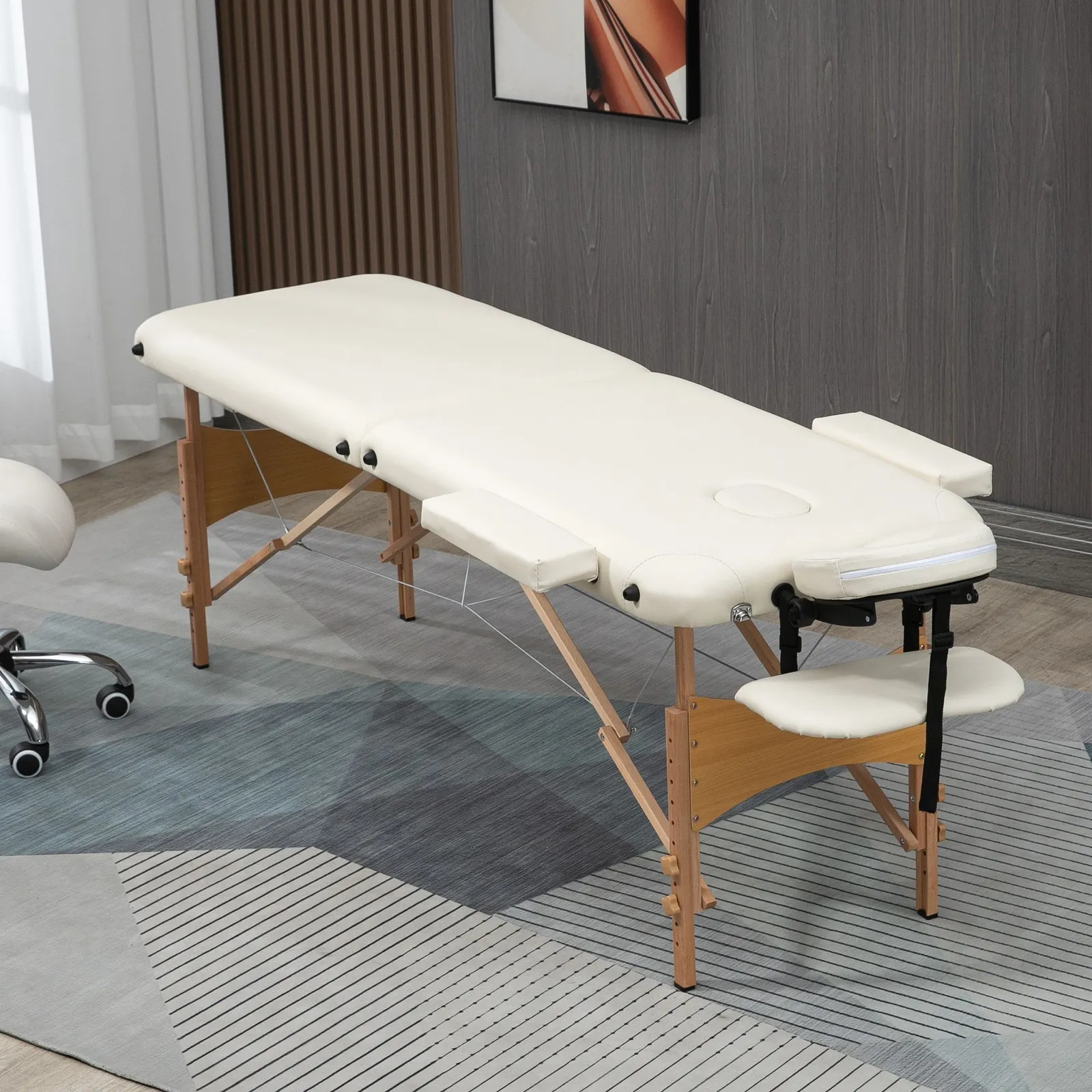 HOMCOM Wooden Folding Spa Beauty Massage Table w/ 2 Sections, Carry Bag in Cream