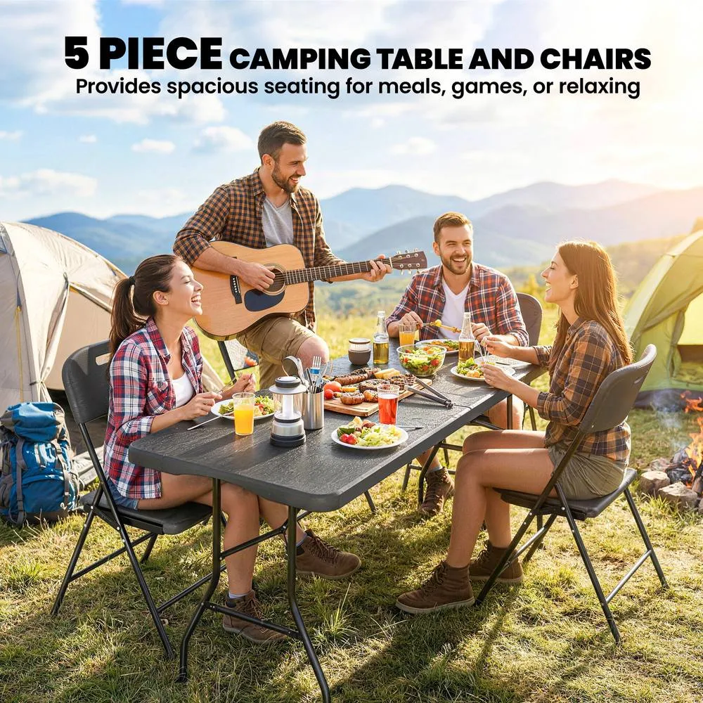 OUTSUNNY 5 Piece 6ft Foldable Table & Chairs, Portable Picnic Table Set in Black 4