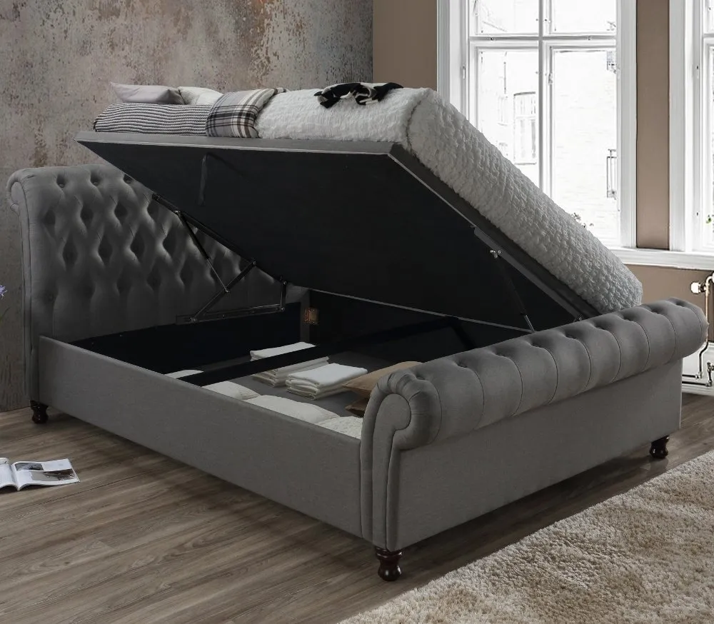 Castello Grey Fabric Ottoman Scroll Sleigh Bed - 6ft Super King Size