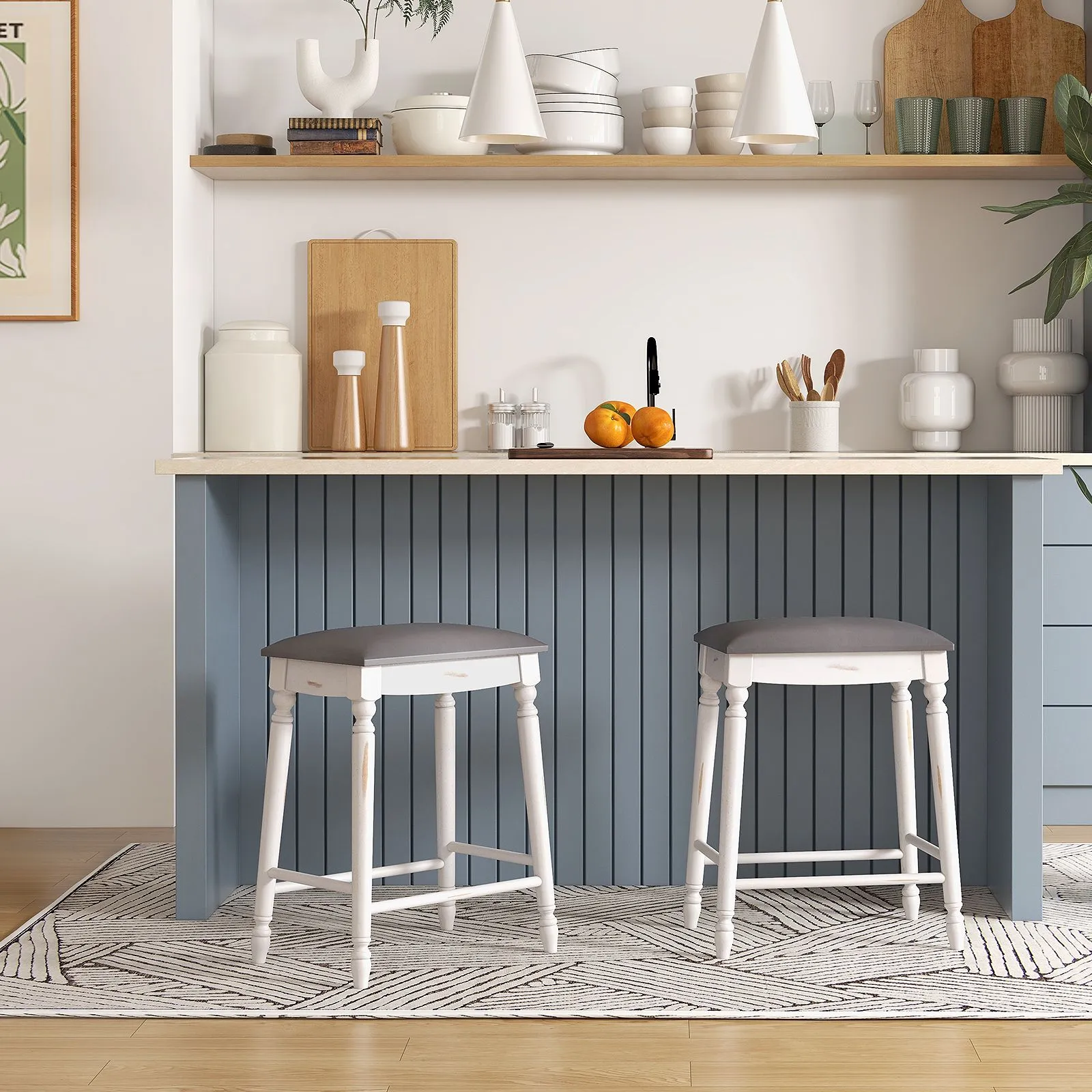 Costway Upholstered Bar Stool Set of 2 24"/61cm Counter Height Stools w/ Padded Seat Cushions in Grey 5