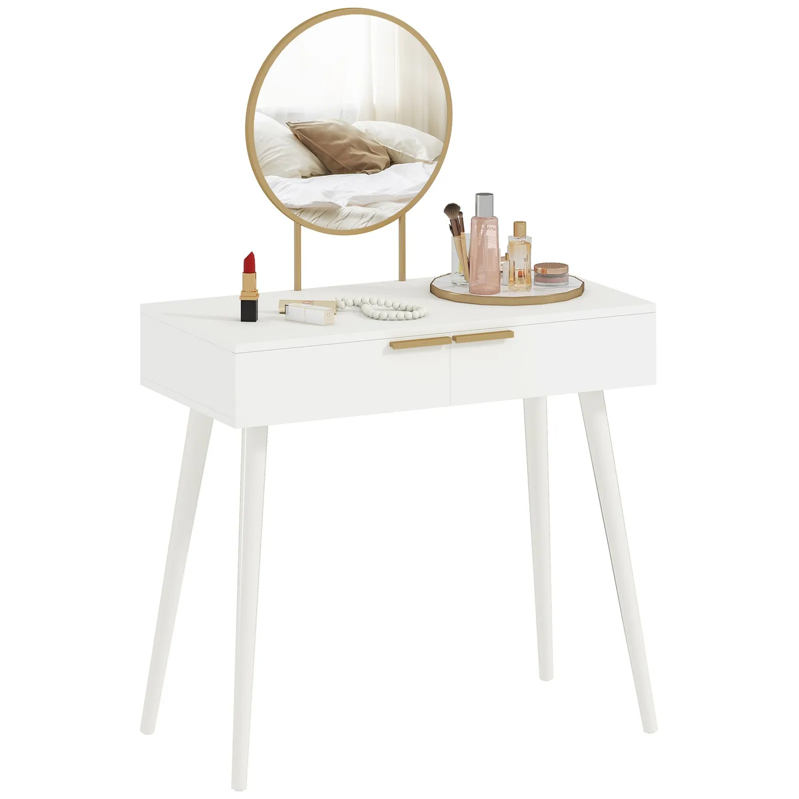 HOMCOM Modern Dressing Table w/ 2 Drawers Round Mirror for Bedroom White 2