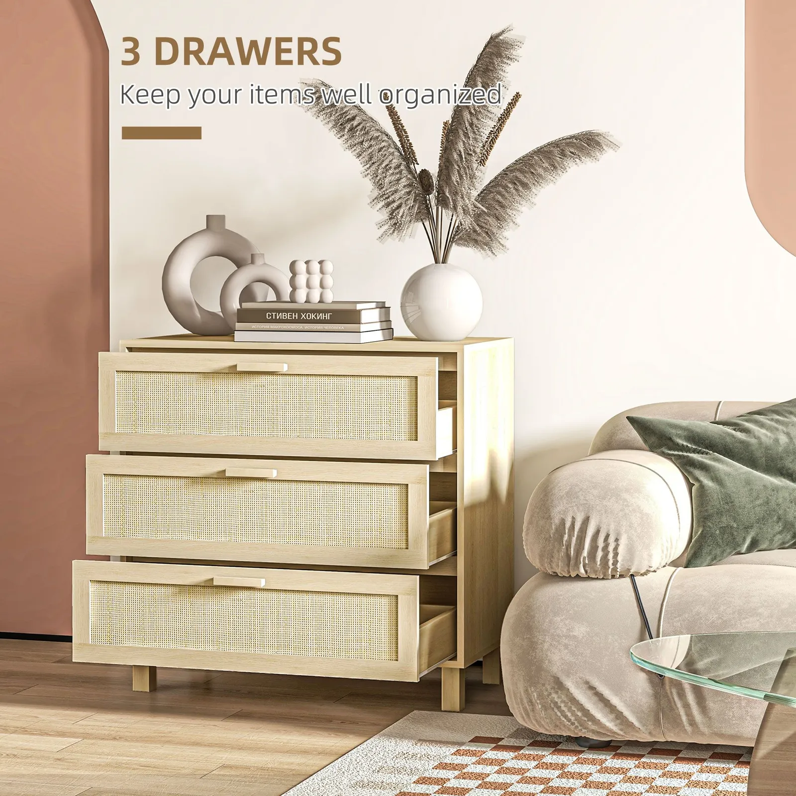 HOMCOM 3 Drawer Cabinet Storage Cupboard Sideboard Organiser in Light Brown 6