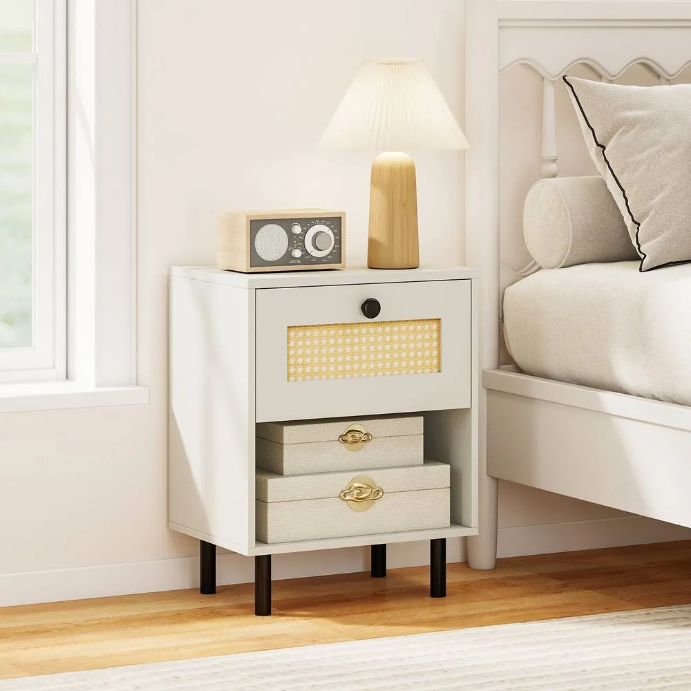 Costway Rattan Nightstand Boho Style Bedside Table with Drawer & Open Storage Shelf in White 3