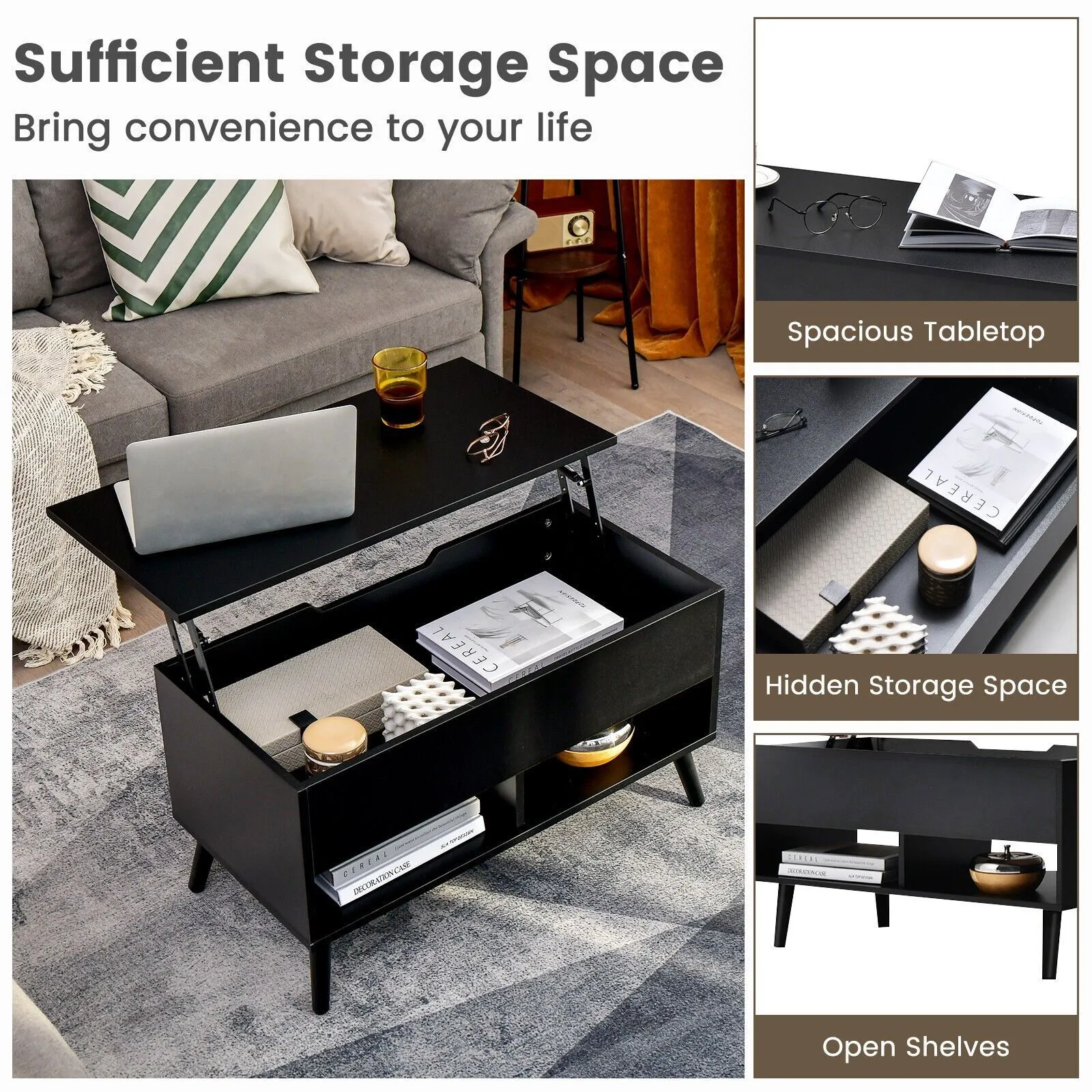 Costway Lift Top Coffee Table Modern Wooden Lift Top Dining Cocktail Table Living Room in Black 6