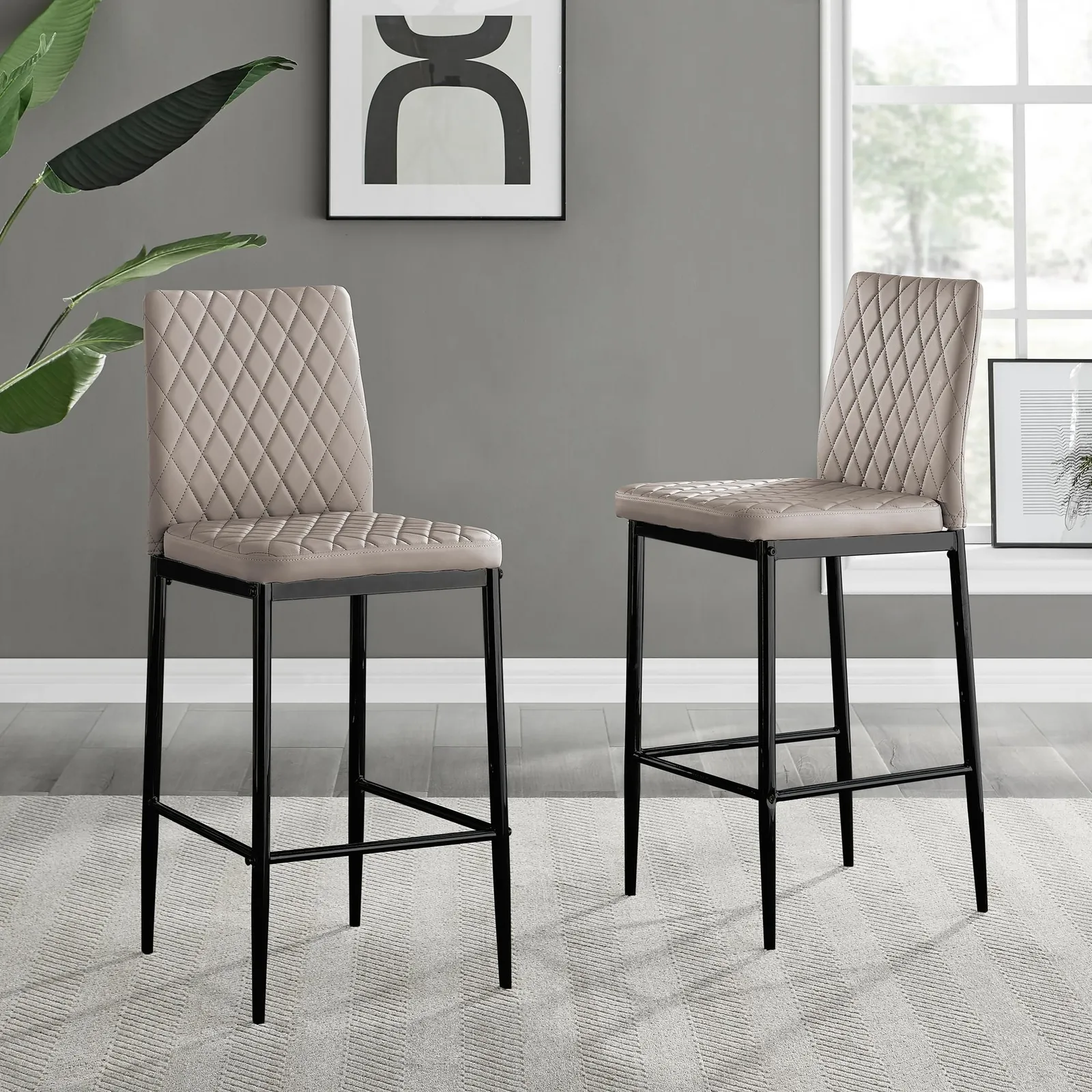 FurnitureboxUK Set of 2 Milan Hatched Faux Leather Padded Counter Stools With Black Metal Legs in Beige