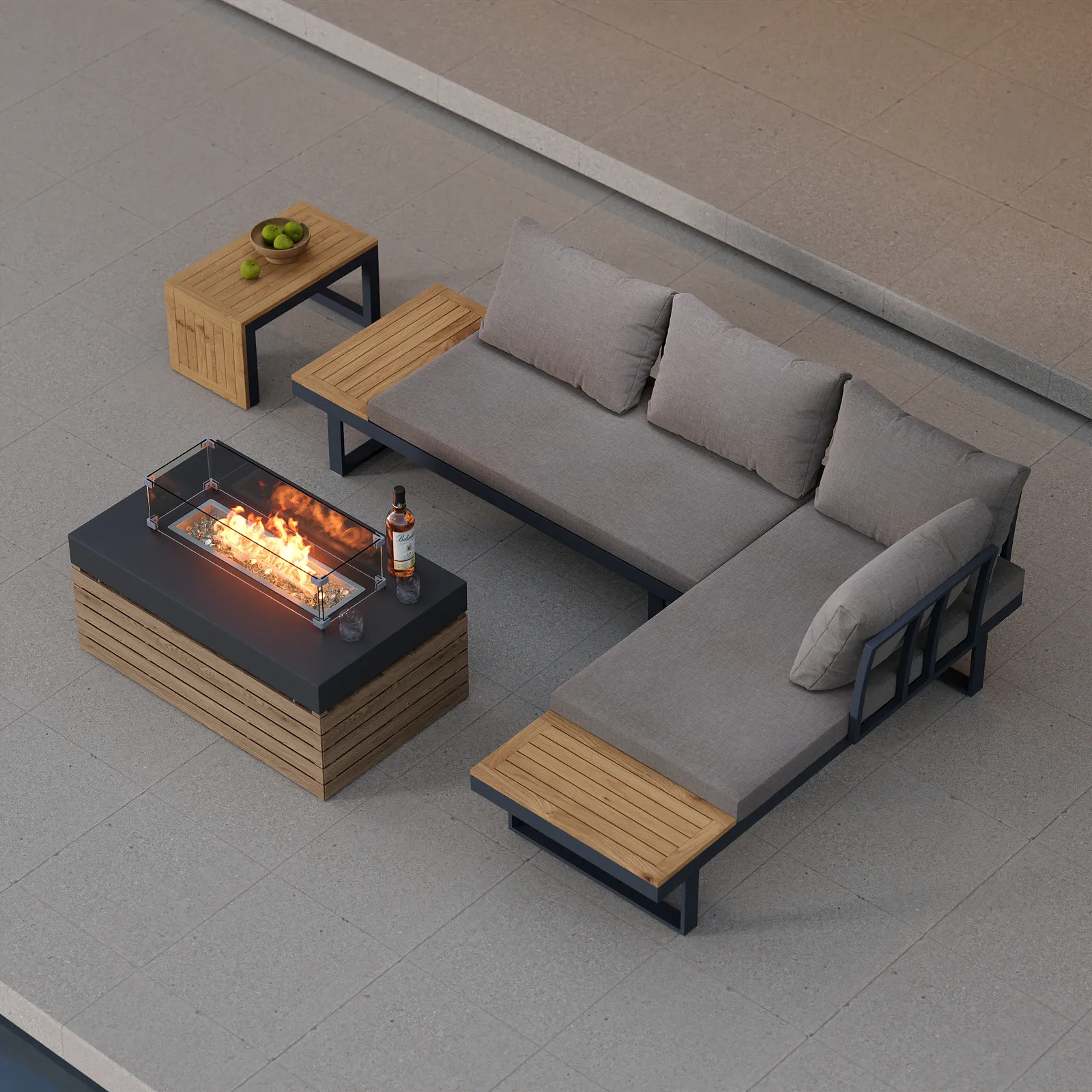 Sectional Outdoor Sofa & Set with Propane Gas Fire Pit Table With Glass Wind Guard