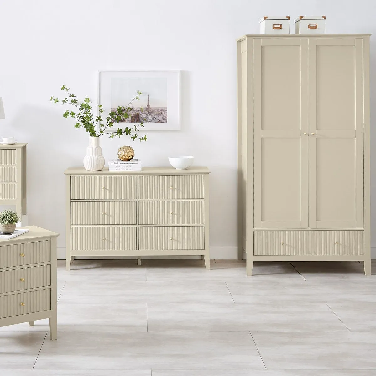 Melody Maison Double Wardrobe, Chest Of Drawers & Pair Of Bedside Tables - Hales Taupe Range in Beige