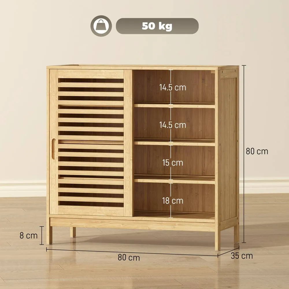 HOMCOM Bamboo Shoe Cabinet with 2 Sliding Slat Doors, 16 Pairs, Natural 3