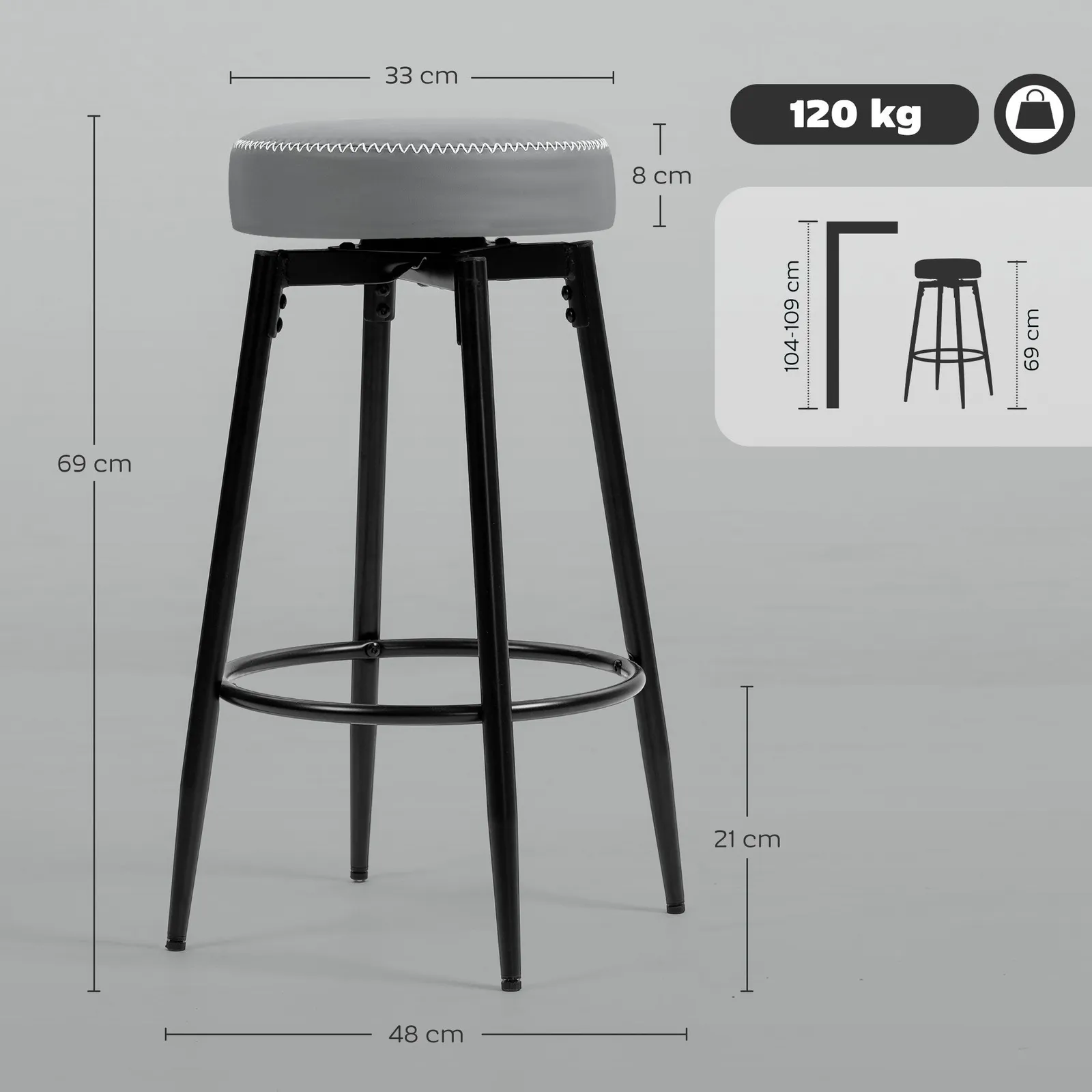 HOMCOM 360 Degree Swivel Bar Stools Set of 2, PU Leather Barstools with Footrest in Grey 3